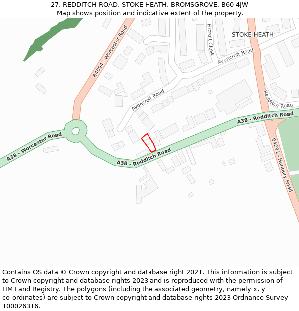 27, REDDITCH ROAD, STOKE HEATH, BROMSGROVE, B60 4JW: Location map and indicative extent of plot