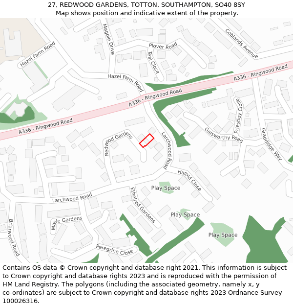 27, REDWOOD GARDENS, TOTTON, SOUTHAMPTON, SO40 8SY: Location map and indicative extent of plot