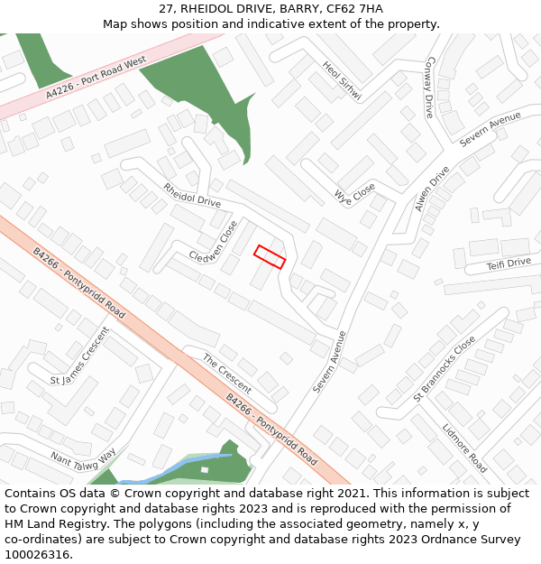 27, RHEIDOL DRIVE, BARRY, CF62 7HA: Location map and indicative extent of plot