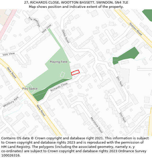 27, RICHARDS CLOSE, WOOTTON BASSETT, SWINDON, SN4 7LE: Location map and indicative extent of plot