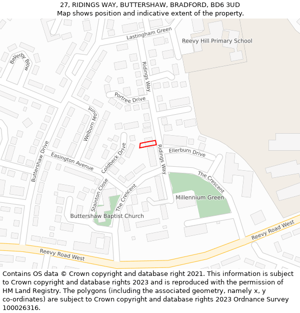 27, RIDINGS WAY, BUTTERSHAW, BRADFORD, BD6 3UD: Location map and indicative extent of plot