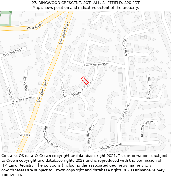 27, RINGWOOD CRESCENT, SOTHALL, SHEFFIELD, S20 2DT: Location map and indicative extent of plot
