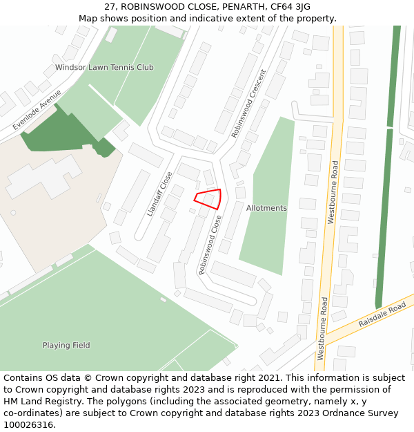 27, ROBINSWOOD CLOSE, PENARTH, CF64 3JG: Location map and indicative extent of plot