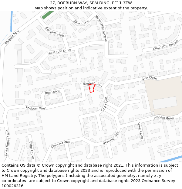 27, ROEBURN WAY, SPALDING, PE11 3ZW: Location map and indicative extent of plot