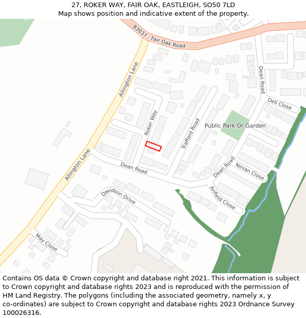 27, ROKER WAY, FAIR OAK, EASTLEIGH, SO50 7LD: Location map and indicative extent of plot