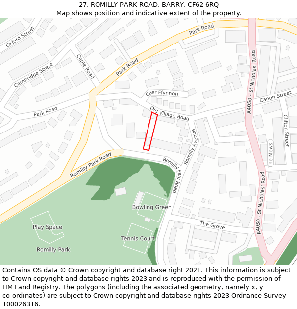 27, ROMILLY PARK ROAD, BARRY, CF62 6RQ: Location map and indicative extent of plot