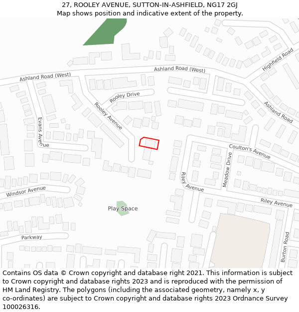 27, ROOLEY AVENUE, SUTTON-IN-ASHFIELD, NG17 2GJ: Location map and indicative extent of plot