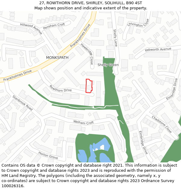 27, ROWTHORN DRIVE, SHIRLEY, SOLIHULL, B90 4ST: Location map and indicative extent of plot