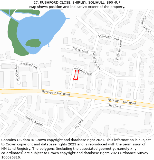 27, RUSHFORD CLOSE, SHIRLEY, SOLIHULL, B90 4UF: Location map and indicative extent of plot