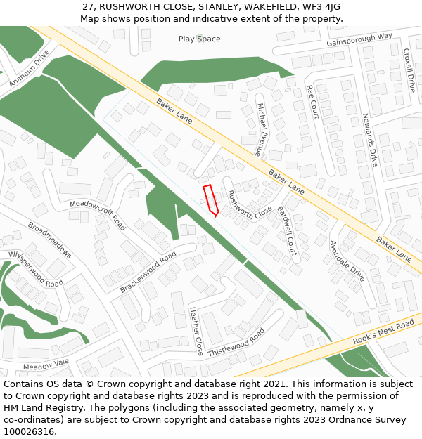 27, RUSHWORTH CLOSE, STANLEY, WAKEFIELD, WF3 4JG: Location map and indicative extent of plot