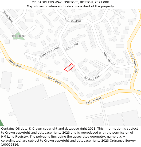 27, SADDLERS WAY, FISHTOFT, BOSTON, PE21 0BB: Location map and indicative extent of plot