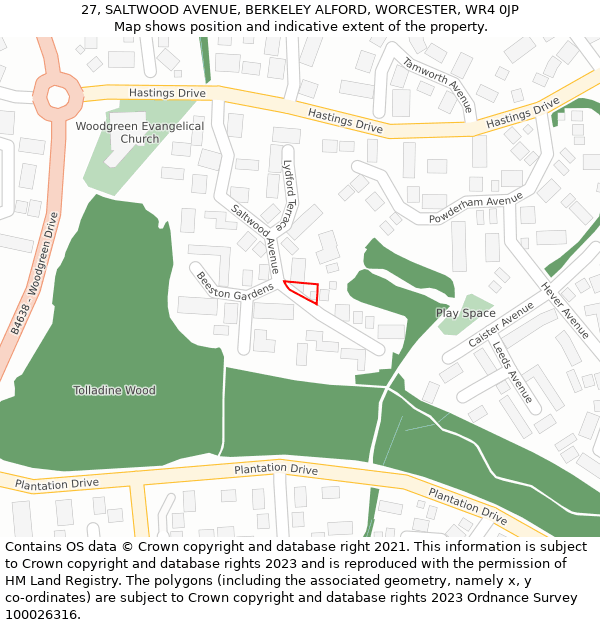 27, SALTWOOD AVENUE, BERKELEY ALFORD, WORCESTER, WR4 0JP: Location map and indicative extent of plot