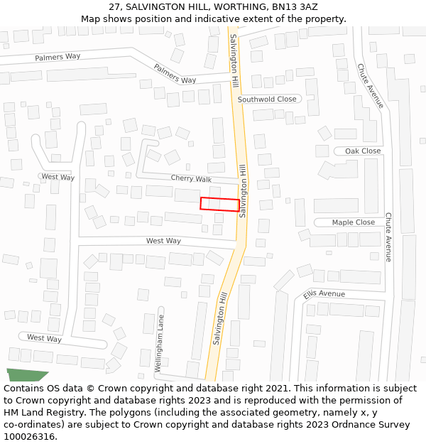 27, SALVINGTON HILL, WORTHING, BN13 3AZ: Location map and indicative extent of plot