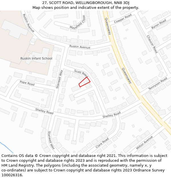 27, SCOTT ROAD, WELLINGBOROUGH, NN8 3DJ: Location map and indicative extent of plot