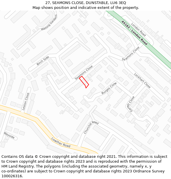 27, SEAMONS CLOSE, DUNSTABLE, LU6 3EQ: Location map and indicative extent of plot