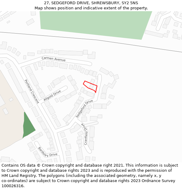 27, SEDGEFORD DRIVE, SHREWSBURY, SY2 5NS: Location map and indicative extent of plot