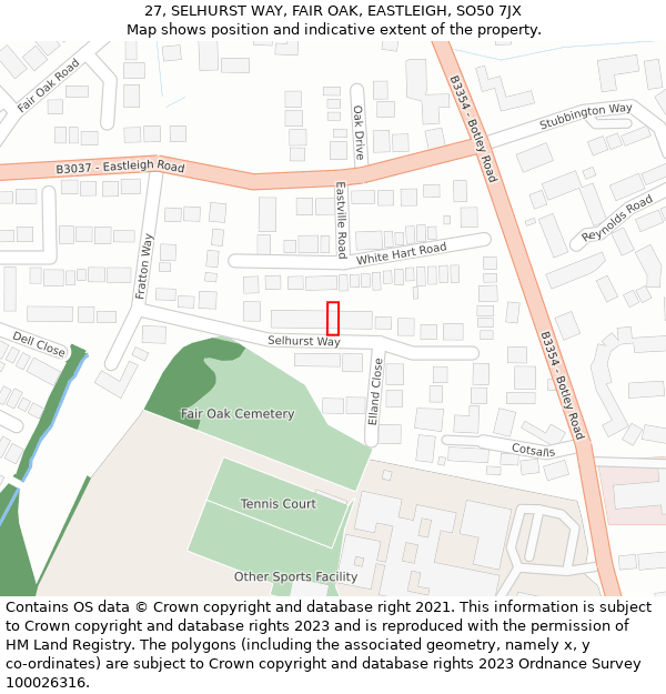 27, SELHURST WAY, FAIR OAK, EASTLEIGH, SO50 7JX: Location map and indicative extent of plot