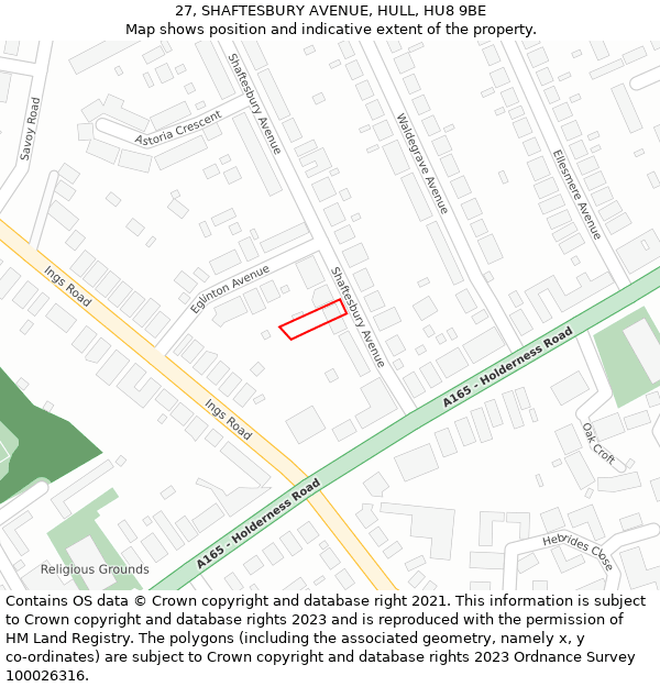 27, SHAFTESBURY AVENUE, HULL, HU8 9BE: Location map and indicative extent of plot