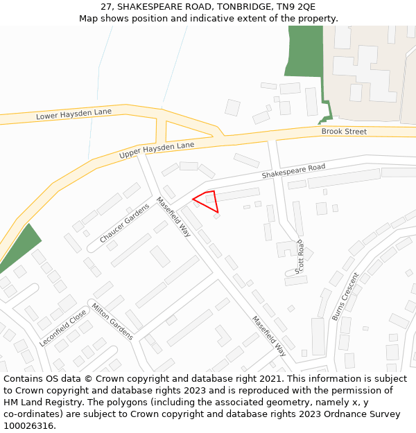 27, SHAKESPEARE ROAD, TONBRIDGE, TN9 2QE: Location map and indicative extent of plot