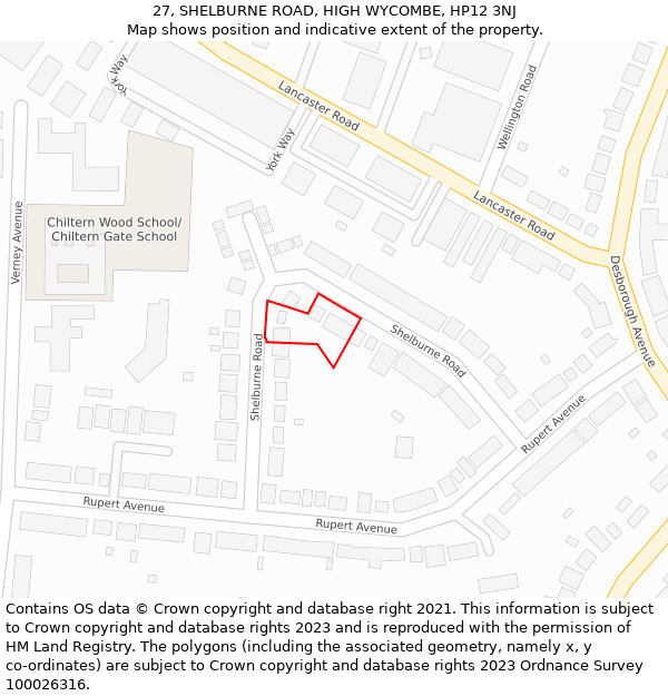 27, SHELBURNE ROAD, HIGH WYCOMBE, HP12 3NJ: Location map and indicative extent of plot