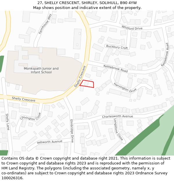 27, SHELLY CRESCENT, SHIRLEY, SOLIHULL, B90 4YW: Location map and indicative extent of plot