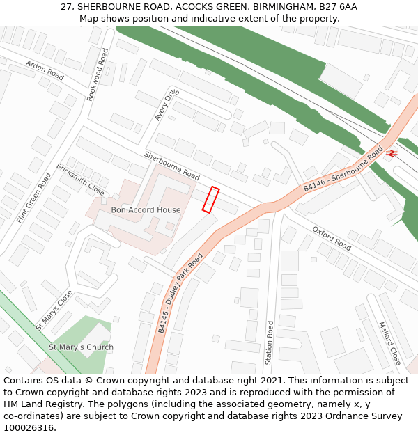 27, SHERBOURNE ROAD, ACOCKS GREEN, BIRMINGHAM, B27 6AA: Location map and indicative extent of plot