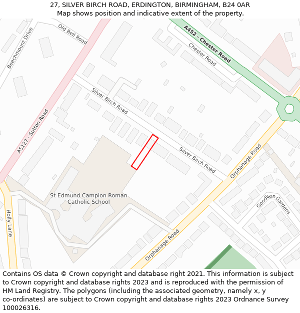 27, SILVER BIRCH ROAD, ERDINGTON, BIRMINGHAM, B24 0AR: Location map and indicative extent of plot
