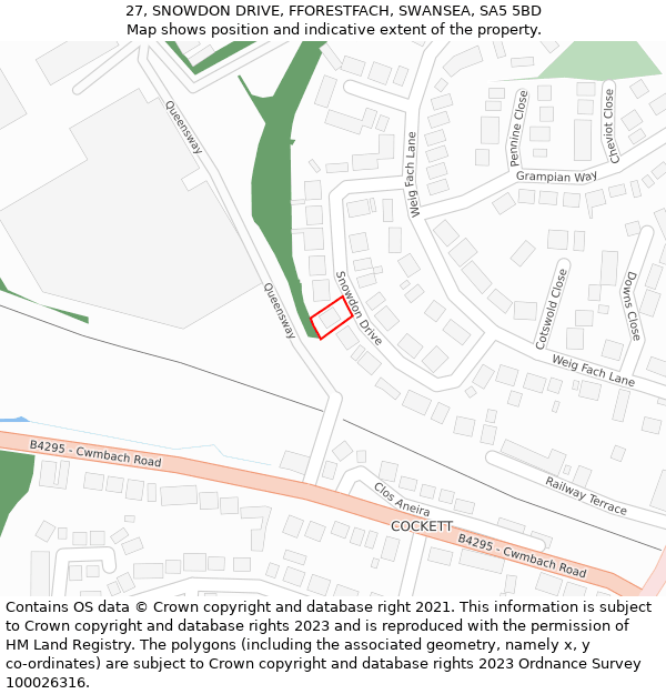 27, SNOWDON DRIVE, FFORESTFACH, SWANSEA, SA5 5BD: Location map and indicative extent of plot