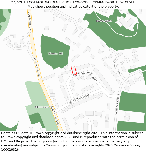 27, SOUTH COTTAGE GARDENS, CHORLEYWOOD, RICKMANSWORTH, WD3 5EH: Location map and indicative extent of plot