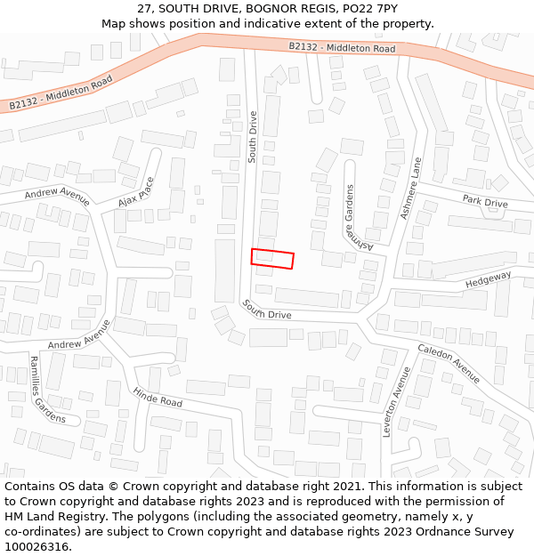 27, SOUTH DRIVE, BOGNOR REGIS, PO22 7PY: Location map and indicative extent of plot