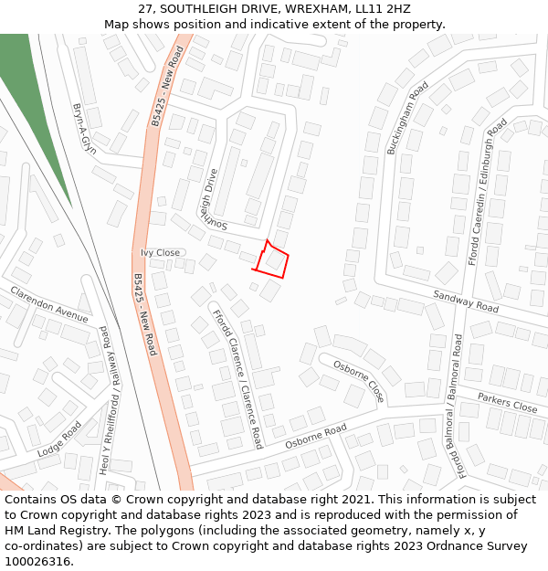 27, SOUTHLEIGH DRIVE, WREXHAM, LL11 2HZ: Location map and indicative extent of plot