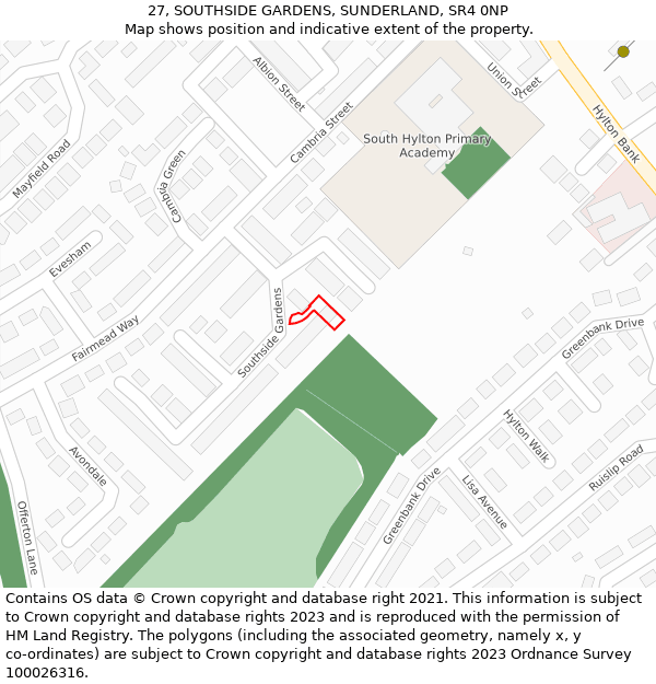 27, SOUTHSIDE GARDENS, SUNDERLAND, SR4 0NP: Location map and indicative extent of plot