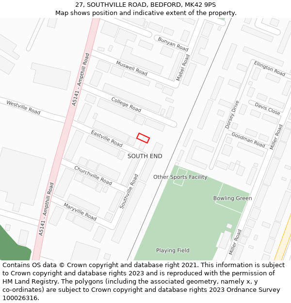 27, SOUTHVILLE ROAD, BEDFORD, MK42 9PS: Location map and indicative extent of plot