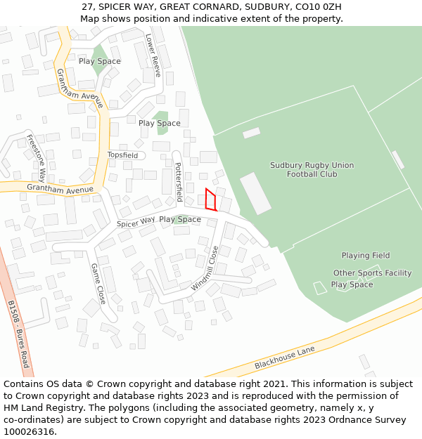 27, SPICER WAY, GREAT CORNARD, SUDBURY, CO10 0ZH: Location map and indicative extent of plot