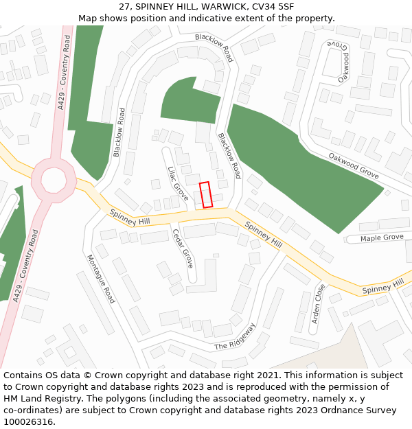 27, SPINNEY HILL, WARWICK, CV34 5SF: Location map and indicative extent of plot