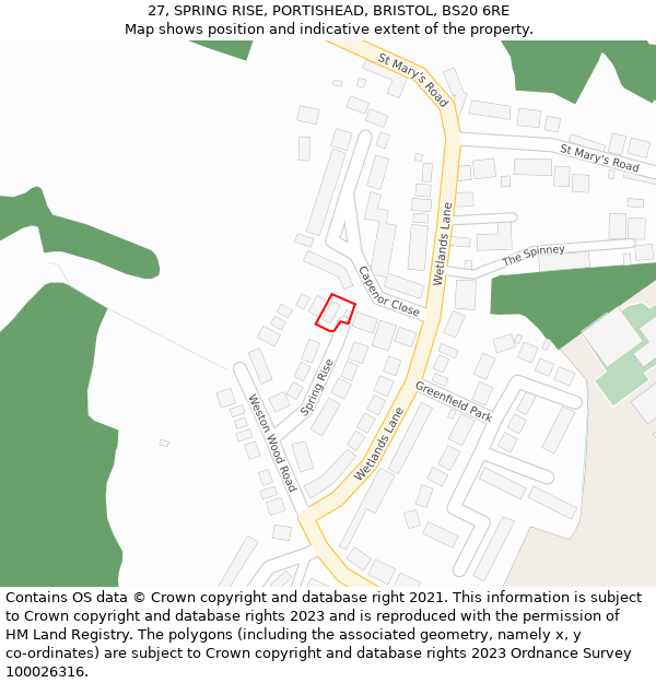 27, SPRING RISE, PORTISHEAD, BRISTOL, BS20 6RE: Location map and indicative extent of plot