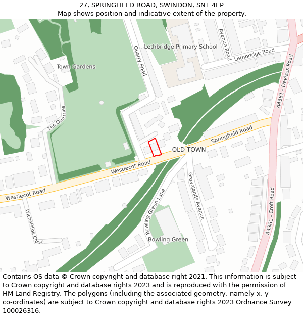 27, SPRINGFIELD ROAD, SWINDON, SN1 4EP: Location map and indicative extent of plot