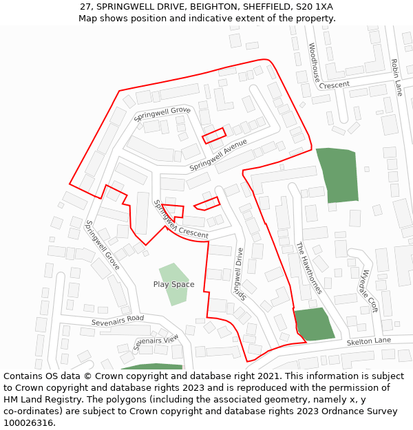 27, SPRINGWELL DRIVE, BEIGHTON, SHEFFIELD, S20 1XA: Location map and indicative extent of plot