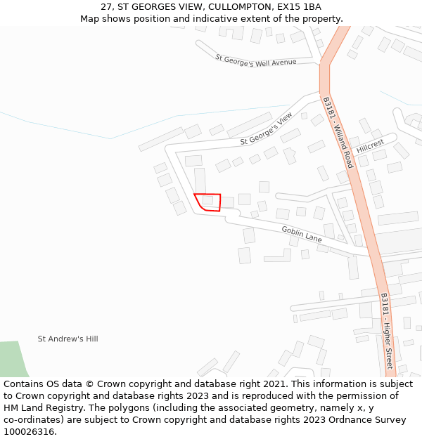 27, ST GEORGES VIEW, CULLOMPTON, EX15 1BA: Location map and indicative extent of plot