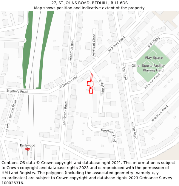 27, ST JOHNS ROAD, REDHILL, RH1 6DS: Location map and indicative extent of plot