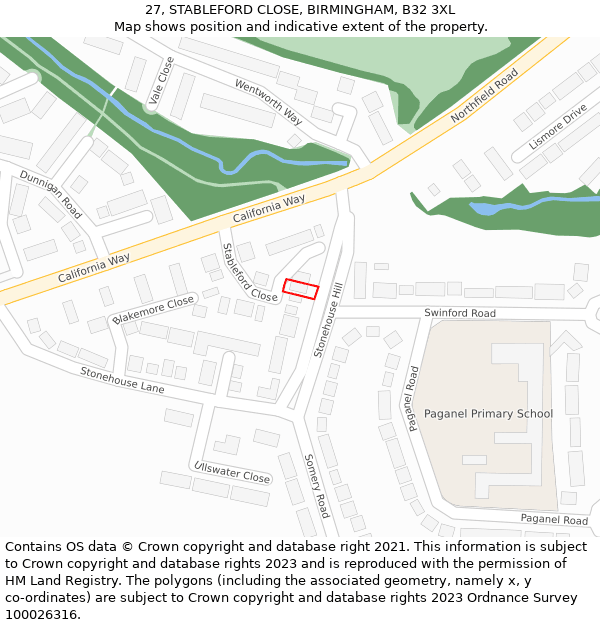 27, STABLEFORD CLOSE, BIRMINGHAM, B32 3XL: Location map and indicative extent of plot