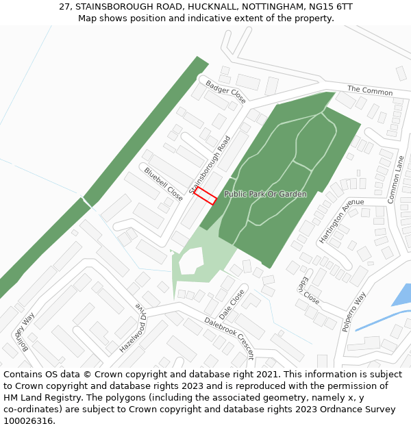 27, STAINSBOROUGH ROAD, HUCKNALL, NOTTINGHAM, NG15 6TT: Location map and indicative extent of plot