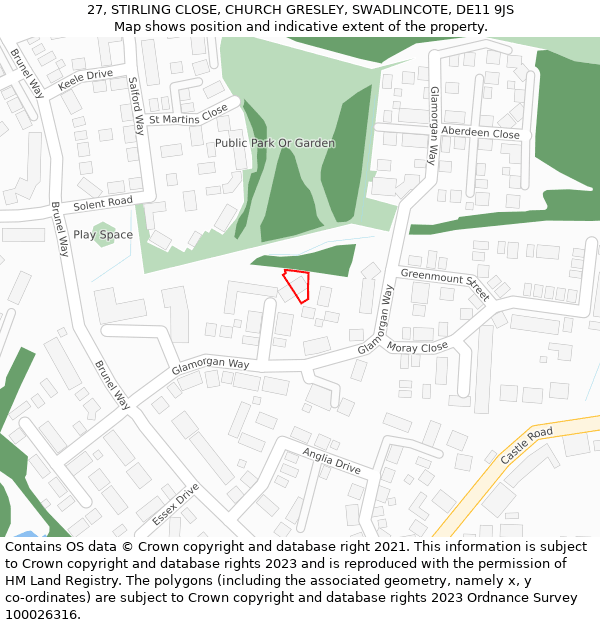 27, STIRLING CLOSE, CHURCH GRESLEY, SWADLINCOTE, DE11 9JS: Location map and indicative extent of plot