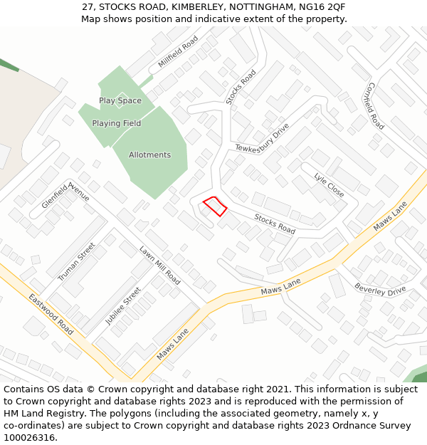 27, STOCKS ROAD, KIMBERLEY, NOTTINGHAM, NG16 2QF: Location map and indicative extent of plot