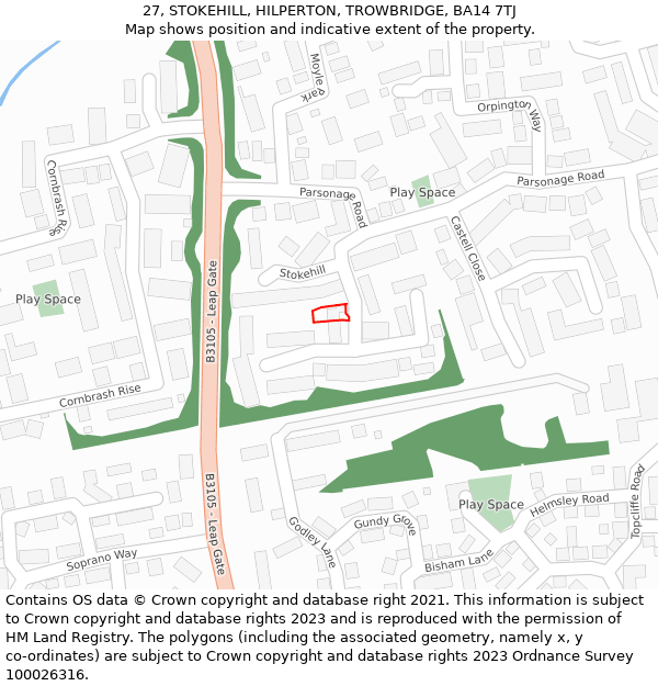 27, STOKEHILL, HILPERTON, TROWBRIDGE, BA14 7TJ: Location map and indicative extent of plot