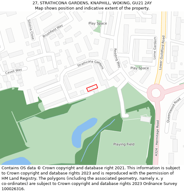 27, STRATHCONA GARDENS, KNAPHILL, WOKING, GU21 2AY: Location map and indicative extent of plot