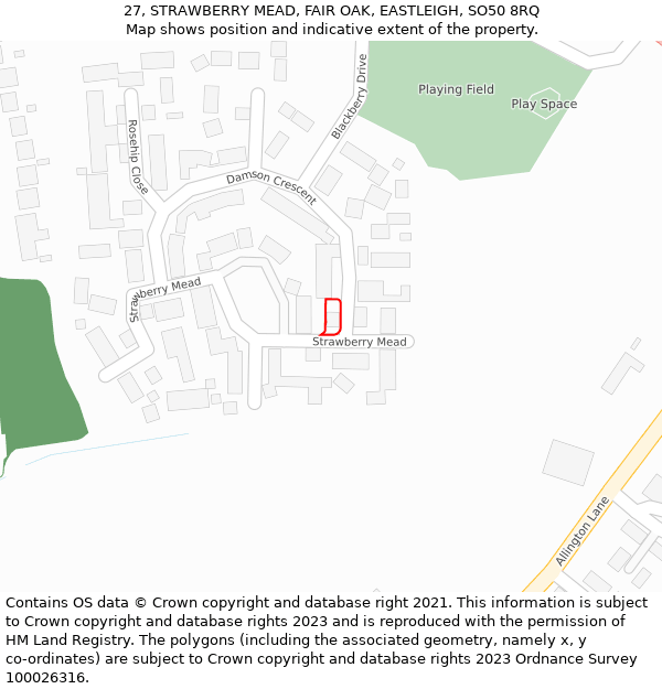 27, STRAWBERRY MEAD, FAIR OAK, EASTLEIGH, SO50 8RQ: Location map and indicative extent of plot