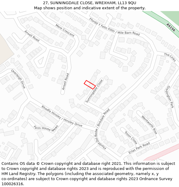 27, SUNNINGDALE CLOSE, WREXHAM, LL13 9QU: Location map and indicative extent of plot