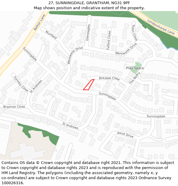 27, SUNNINGDALE, GRANTHAM, NG31 9PF: Location map and indicative extent of plot