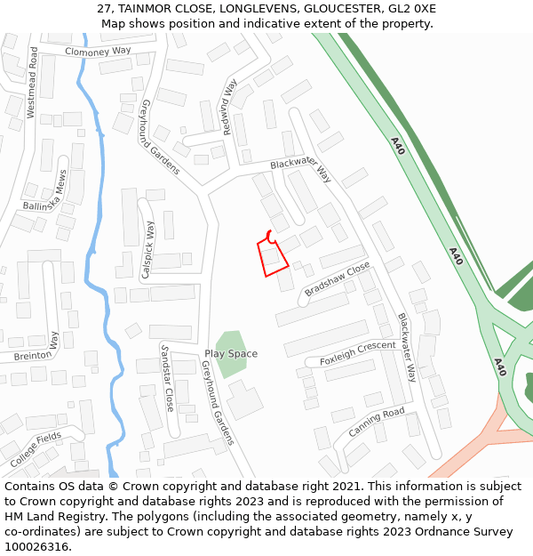 27, TAINMOR CLOSE, LONGLEVENS, GLOUCESTER, GL2 0XE: Location map and indicative extent of plot